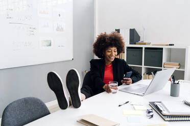 Happy businesswoman sitting with feet up on desk and using mobile phone in office - GIOF15175