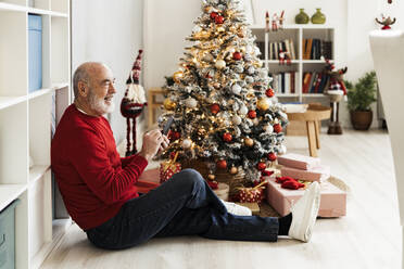 Cheerful senior man with smart phone sitting by Christmas tree at home - GIOF15389
