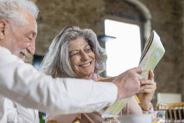 Glückliches älteres Paar, das sich einen Stadtplan in einem Boutique-Hotel teilt - EIF03714