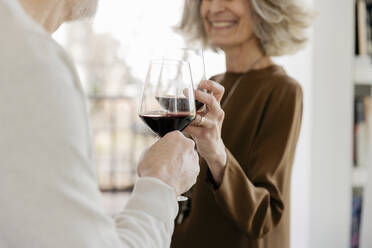 Älteres Ehepaar stößt mit Weingläsern im Hotelappartement an - EIF03755