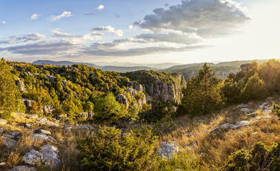 Greece, Epirus, Landscape of Vikos-Aoos National Park at summer sunset - MAMF02140