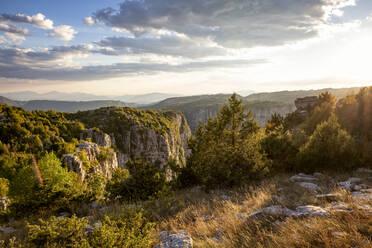 Greece, Epirus, Landscape of Vikos-Aoos National Park at summer sunset - MAMF02150