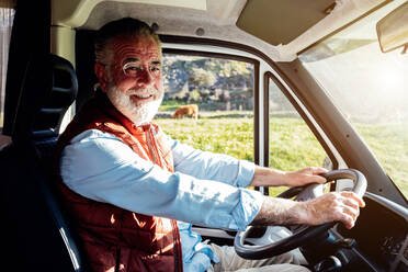 Side view of cheerful mature male traveler with beard driving automobile during road trip in countryside on sunny summer day - ADSF34446