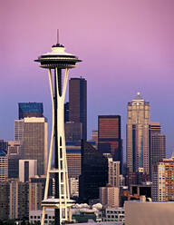 Modern Seattle skyline at sunset, including space needle and skyscrapers. - MINF16521