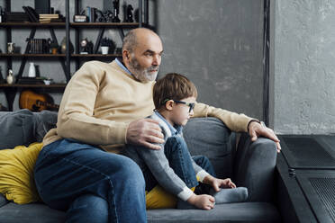 Älterer Mann mit Enkel, der zu Hause auf dem Sofa im Wohnzimmer sitzt - VPIF05661