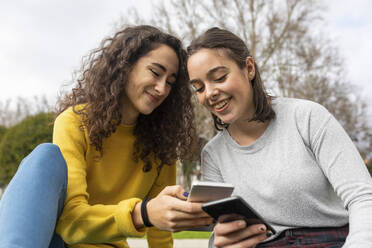 Glückliche Freunde benutzen Smartphones im Park - WPEF05943