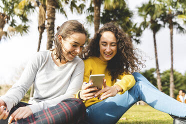 Glückliche Freunde, die sich ein Mobiltelefon teilen, sitzen im Park an einem sonnigen Tag - WPEF05953