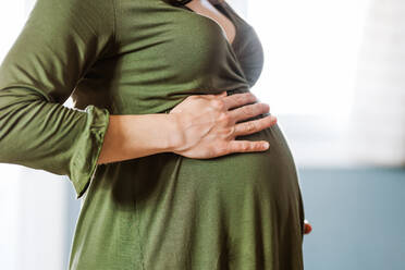 Seitenansicht einer abgeschnittenen, nicht erkennbaren, ruhigen schwangeren Frau im Kleid, die ihren Bauch zu Hause streichelt - ADSF34505