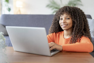 Smiling young woman sitting with laptop at home - JCZF01005