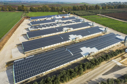 Luftaufnahme von mit Solarzellen bedeckten Viehzuchtbetrieben, Galiläa Panhandle, Israel. - AAEF14516