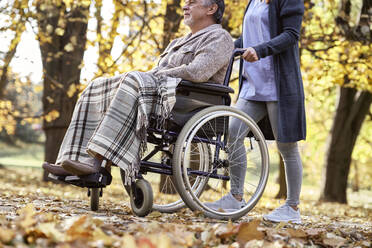 Gesundheitspersonal geht mit einem behinderten Mann im Rollstuhl durch einen Park - ABIF01657