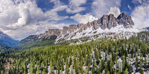 Italy, Veneto, Drone panorama of forested valley in Dolomites - STSF03187