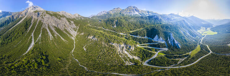 Switzerland, Graubunden Canton, Drone panorama of Ofen Pass in summer - STSF03191