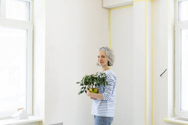 Frau mit Topfpflanze vor einer weißen Wand stehend - SEAF00761