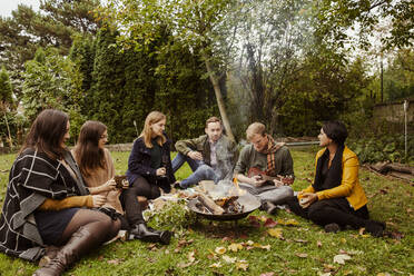 Gruppe von Freunden beim Picknick um eine Feuerstelle im Garten - ISF25672