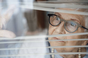 Curious senior woman looking through window blinds - JOSEF08580