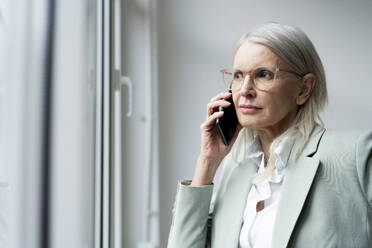 Businesswoman looking out of window talking on smart phone at office - JOSEF08647