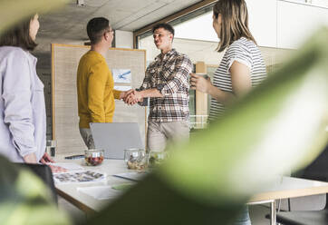 Two businessmen shaking hands in office - UUF25727