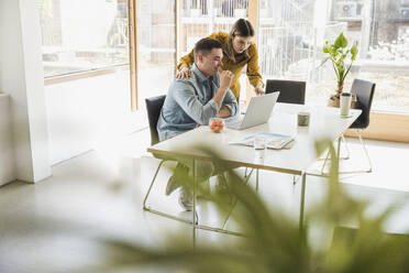 Businesswoman and businessman with laptop at desk in office - UUF25841