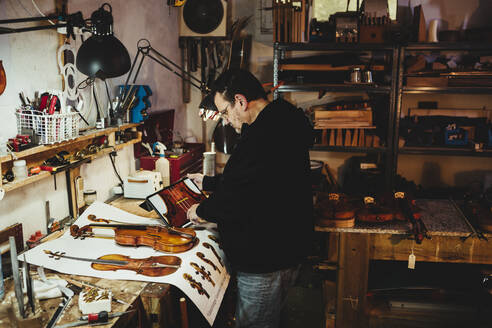 Der Geigenbauer prüft die Pläne für die lackierte Geige auf Papier und auf - CAVF96203