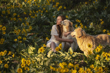 Frau sitzt mit zwei Hunden in einem Feld mit Wildblumen - CAVF96213