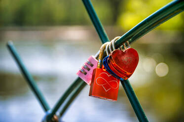 Liebesschlösser hängen am Zaun mit See im Hintergrund - FRF00954