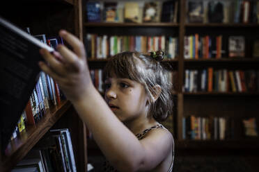 Kind im Buchladen der Bibliothek, das sich Bücher ansieht - CAVF96290