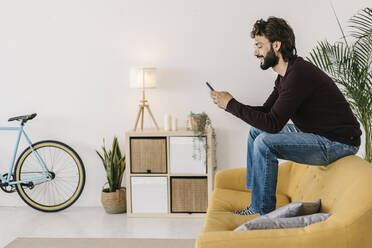 Glücklicher Mann mit Bart, der ein Mobiltelefon benutzt, sitzt auf dem Sofa im Wohnzimmer zu Hause - XLGF02951
