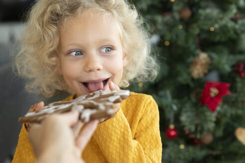 Happy blond girl eating gingerbread at home - SVKF00143