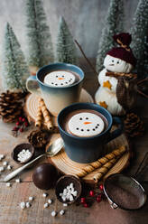 Mugs of hot cocoa with marshmallows surrounded by winter things. - CAVF96490