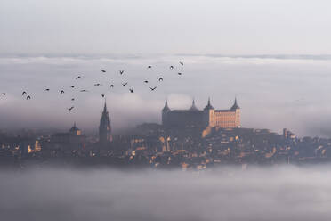 Aerial view of foggy day with birds flying at old town at sunrise - CAVF96551