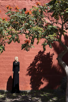 Große Frau in langem Kleid steht vor einer braunen Wand - PSTF01020