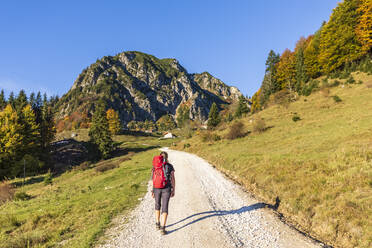 Germany, Bavaria, Female hiker following road to Geigelstein mountain - FOF13122