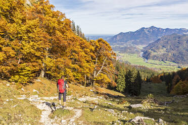 Deutschland, Bayern, Wanderin bewundert Aussicht auf dem Weg zum Geigelstein - FOF13138