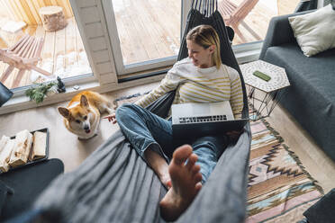Frau spielt mit Hund und entspannt sich auf Hängematte mit Laptop zu Hause - VPIF05952