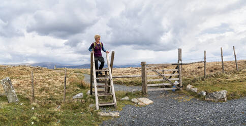 Senior woman standing on ladder by fence at Cadair Idris - ALRF01866
