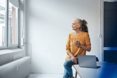 Smiling businesswoman with coffee cup and laptop sitting on desk at office - JOSEF08895