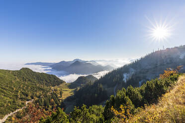 Deutschland, Bayern, Sommersonne über einem bewaldeten Tal in den Bayerischen Voralpen mit dichtem Nebel im Hintergrund - FOF13142