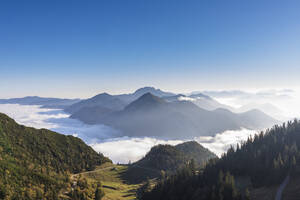 Deutschland, Bayern, Klarer Himmel über dichtem Nebel, der über einem bewaldeten Tal in den Bayerischen Voralpen schwebt - FOF13143