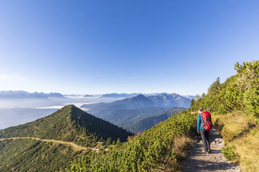 Germany, Bavaria, Female hiker making stop to admire foggy valley in Bavarian Prealps - FOF13145