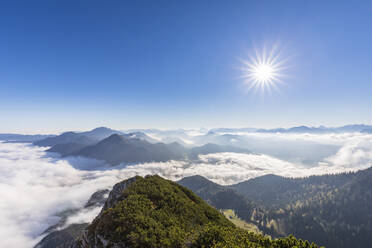 Deutschland, Bayern, Sommersonne scheint über dichtem Nebel, der über einem bewaldeten Tal in den bayerischen Voralpen schwebt - FOF13146