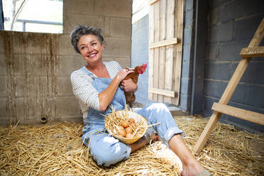 Happy mature female farmer with hen and egg's bowl sitting in chicken coop - ESTF00071