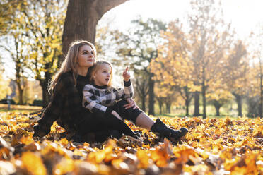 Daughter gesturing sitting with mother at autumn park - WPEF05957