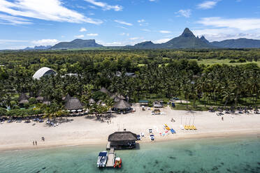 Mauritius, Black River, Flic-en-Flac, Helicopter view of beachside tourist resort in summer - AMF09501