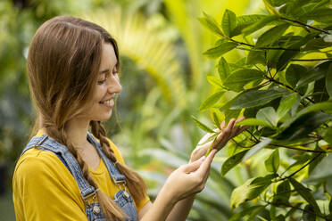 Smiling woman holding leaf of plant in garden - SSGF00866