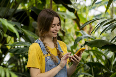 Lächelnde junge Frau mit Smartphone im Garten - SSGF00886