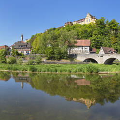 Kirchberg Castle reflecting in Jagst River, Kirchberg an der Jagst, Hohenlohe, Baden-Wurttemberg, Germany, Europe - RHPLF21994