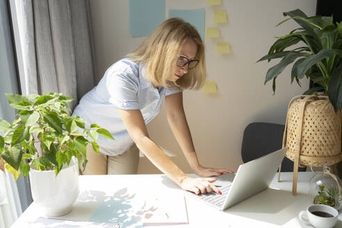 Mature freelancer wearing eyeglasses using laptop standing at desk in home office - SVKF00170