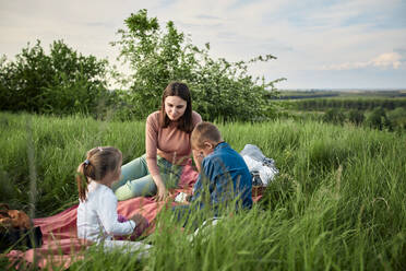 Mother talking to children on picnic in field - ZEDF04546