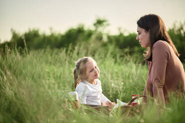 Daughter talking to mother on picnic in agricultural field - ZEDF04551